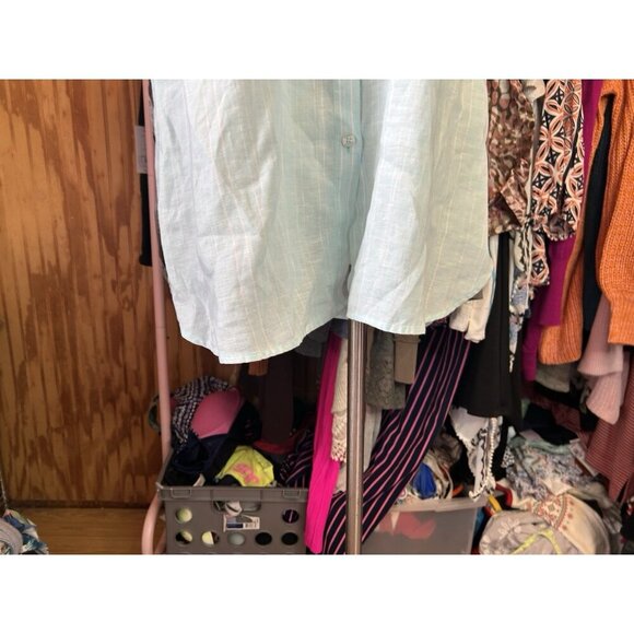 Chico's Turquoise NO Iron Striped LINEN Sleeveless Blouse Sz 3 (L) Buttons - Picture 2 of 8